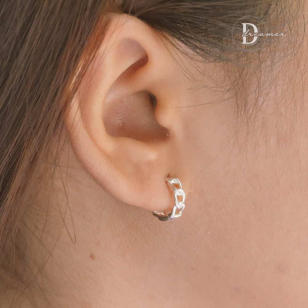 Bông Tai Bạc 925 Dáng Tròn Mắt Xích Chain Link Huggie Hoops