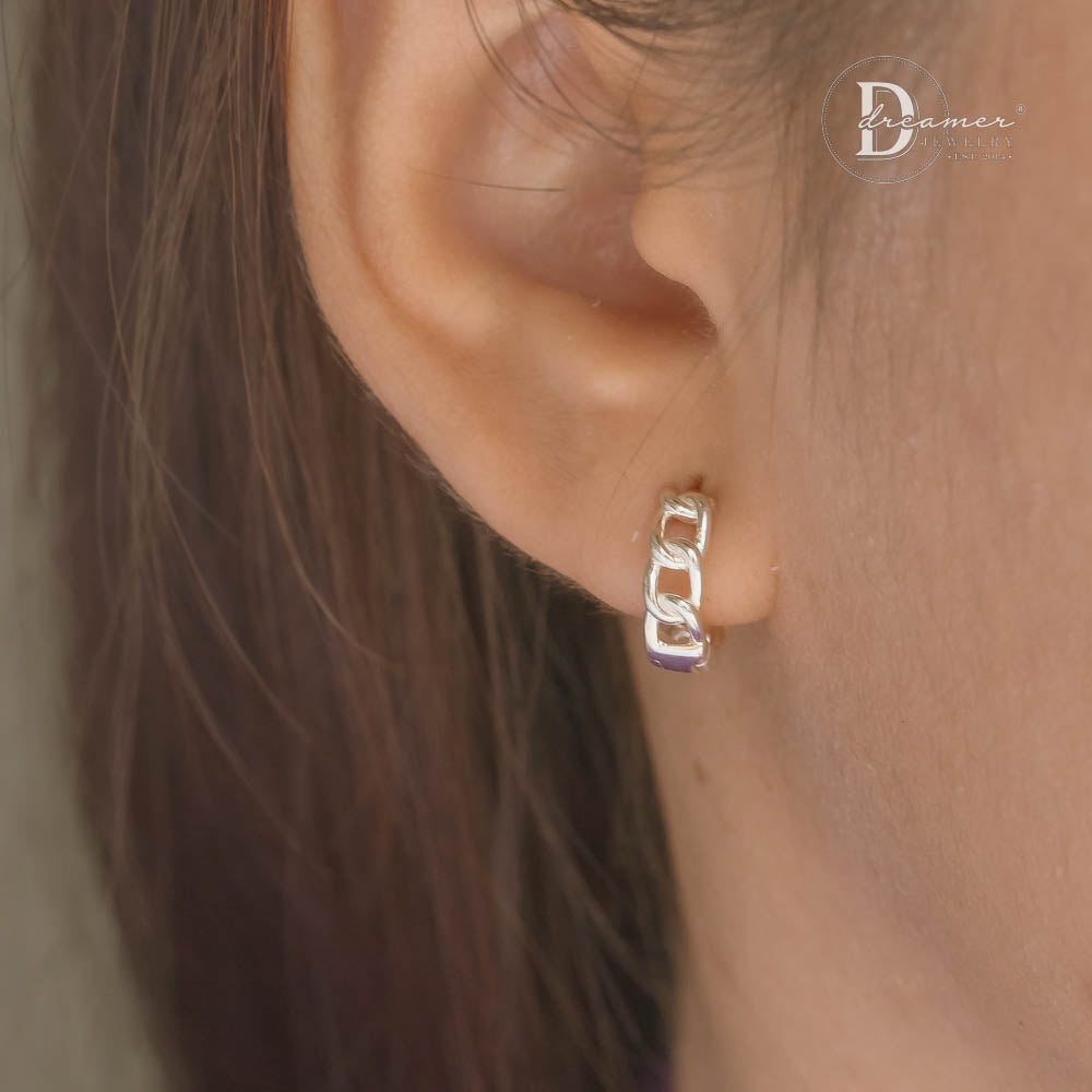 Bông Tai Bạc 925 Dáng Tròn Mắt Xích Chain Link Huggie Hoops