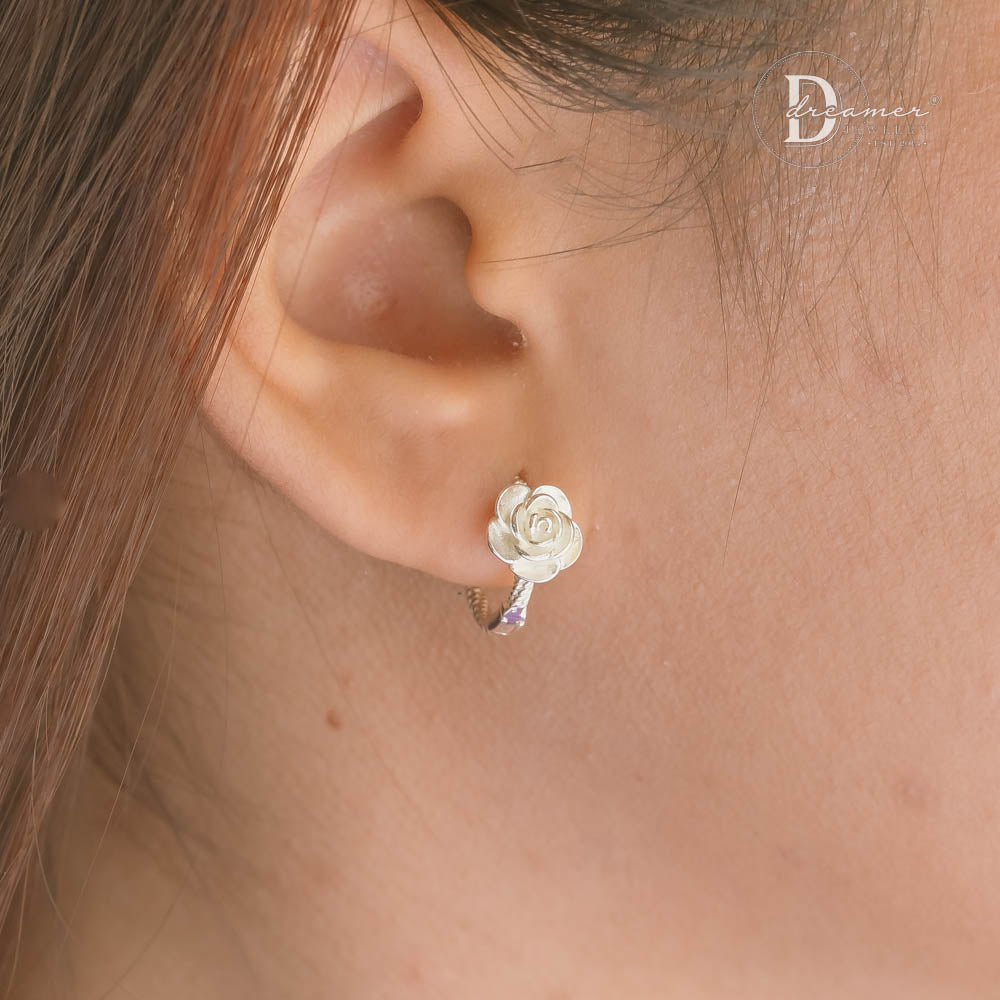 925 Sterling Silver Sculpted 3D Blooming Rose Huggie Hoop Earrings