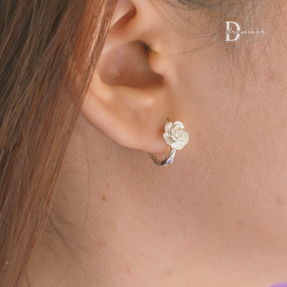 925 Sterling Silver Sculpted 3D Blooming Rose Huggie Hoop Earrings