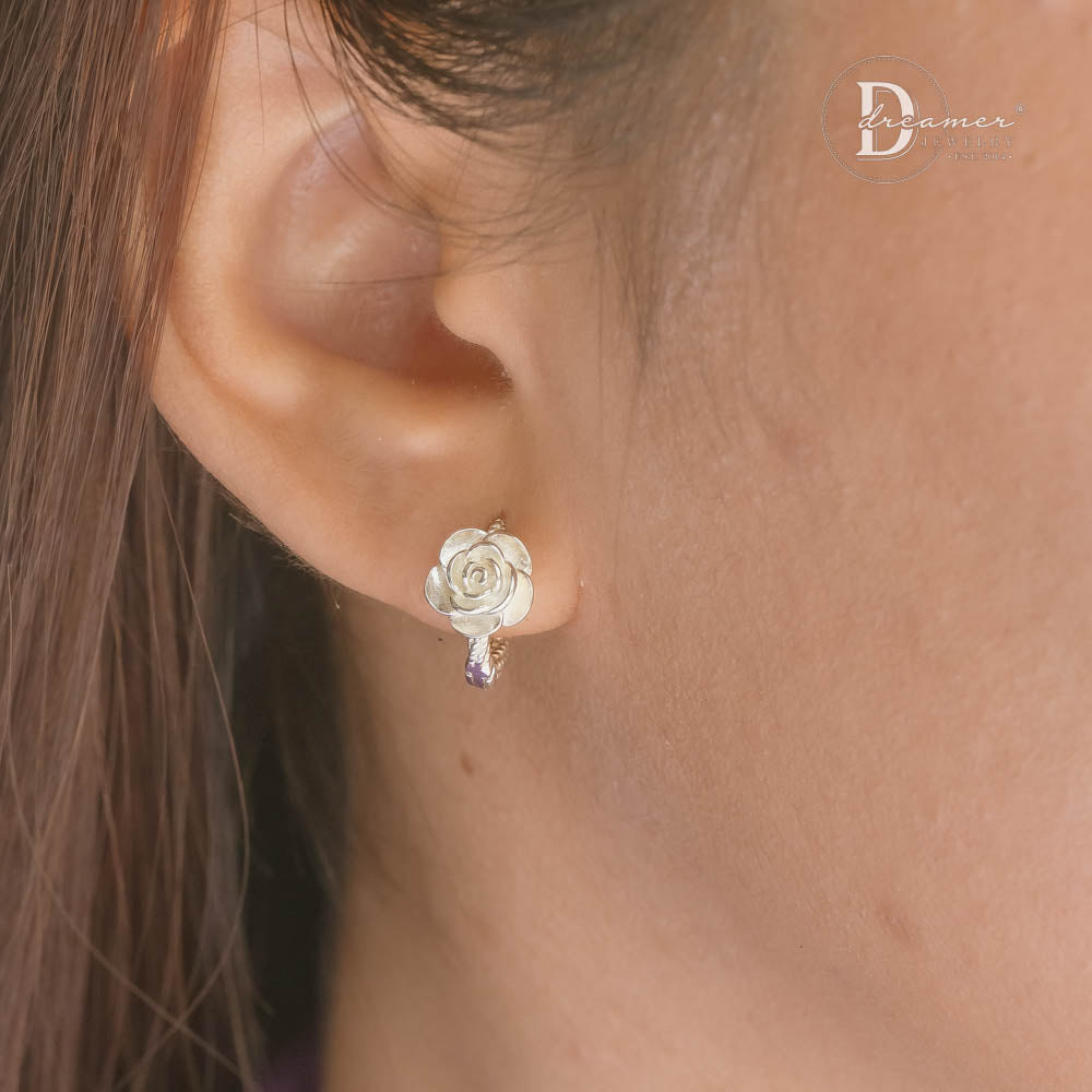 925 Sterling Silver Sculpted 3D Blooming Rose Huggie Hoop Earrings