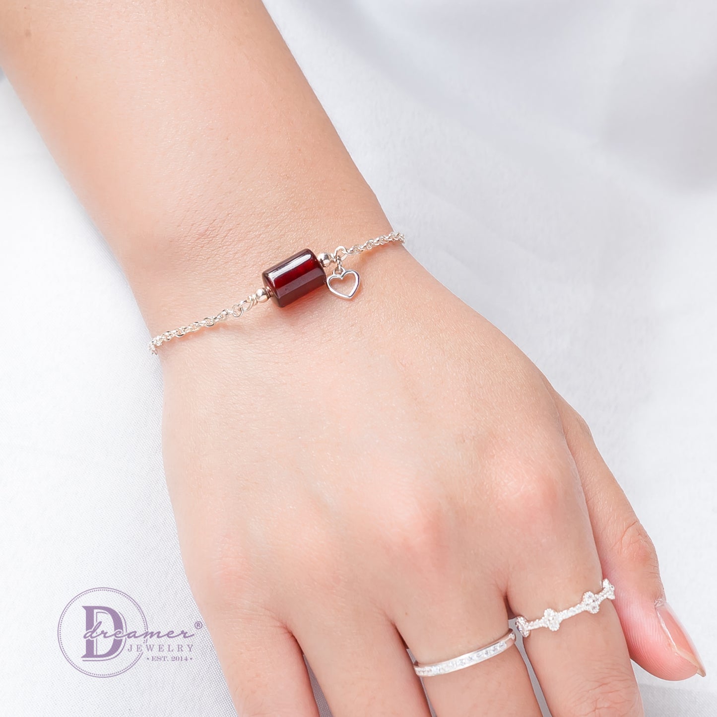 Lắc Tay Bạc 925 Lu Thống Đá Garnet Đỏ & Charm Trái Tim - Gemstone Sterling Silver Bracelet