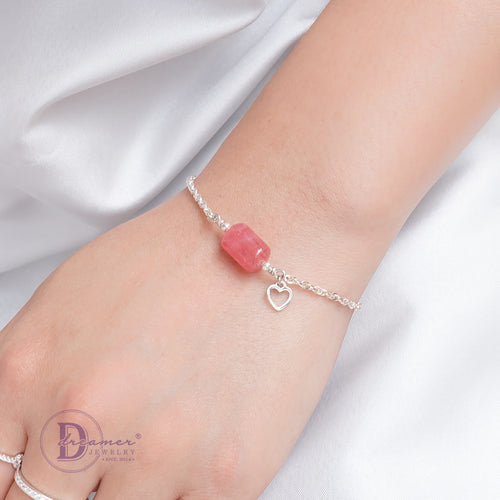 Lắc Tay Bạc 925 Lu Thống Đá Đào Hoa & Charm Trái Tim - Rhodochrosite Gemstone Sterling Silver Bracelet
