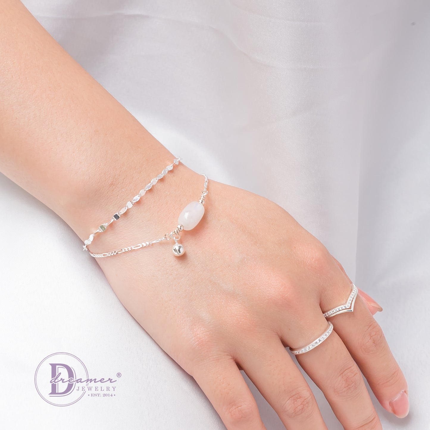 Lắc Tay Bạc 925 Đá Moonstone Kiểu Layer 2 Dây - Moonstone Gemstone Sterling Silver Bracelet