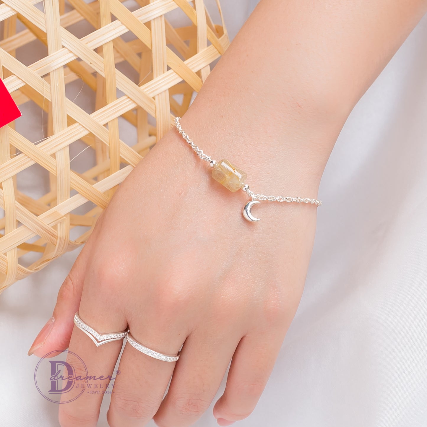 Lắc Tay Bạc 925 Lu Thống Đá Thạch Anh Tóc Vàng & Charm Mặt Trăng - Yellow Quartz Gemstone Sterling Silver Bracelet