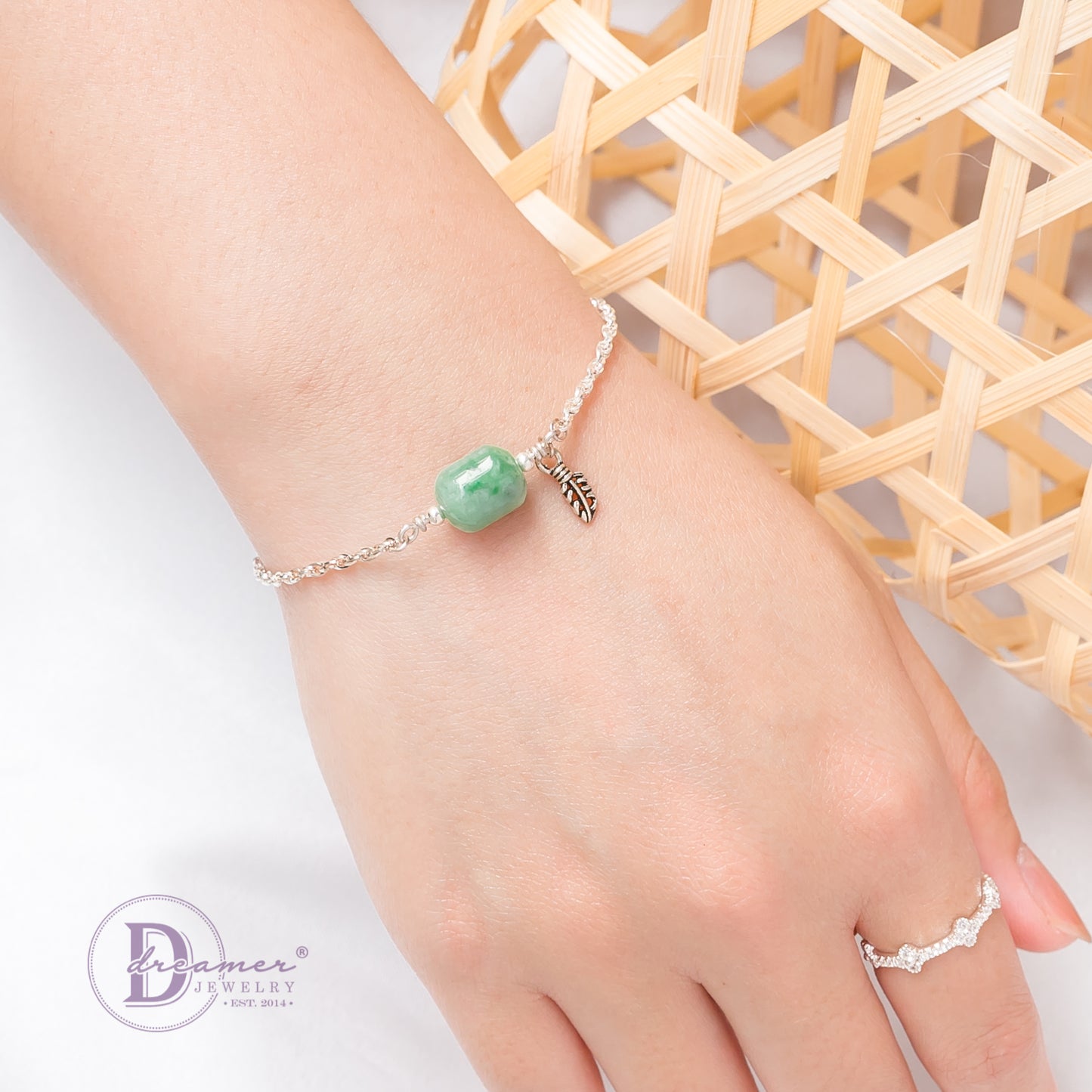 Lắc Tay Bạc 925 Đá Cẩm Thạch & Charm Lá - Green Gemstone Sterling Silver Bracelet