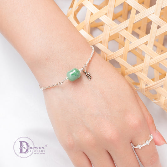 Lắc Tay Bạc 925 Đá Cẩm Thạch & Charm Lá - Green Gemstone Sterling Silver Bracelet