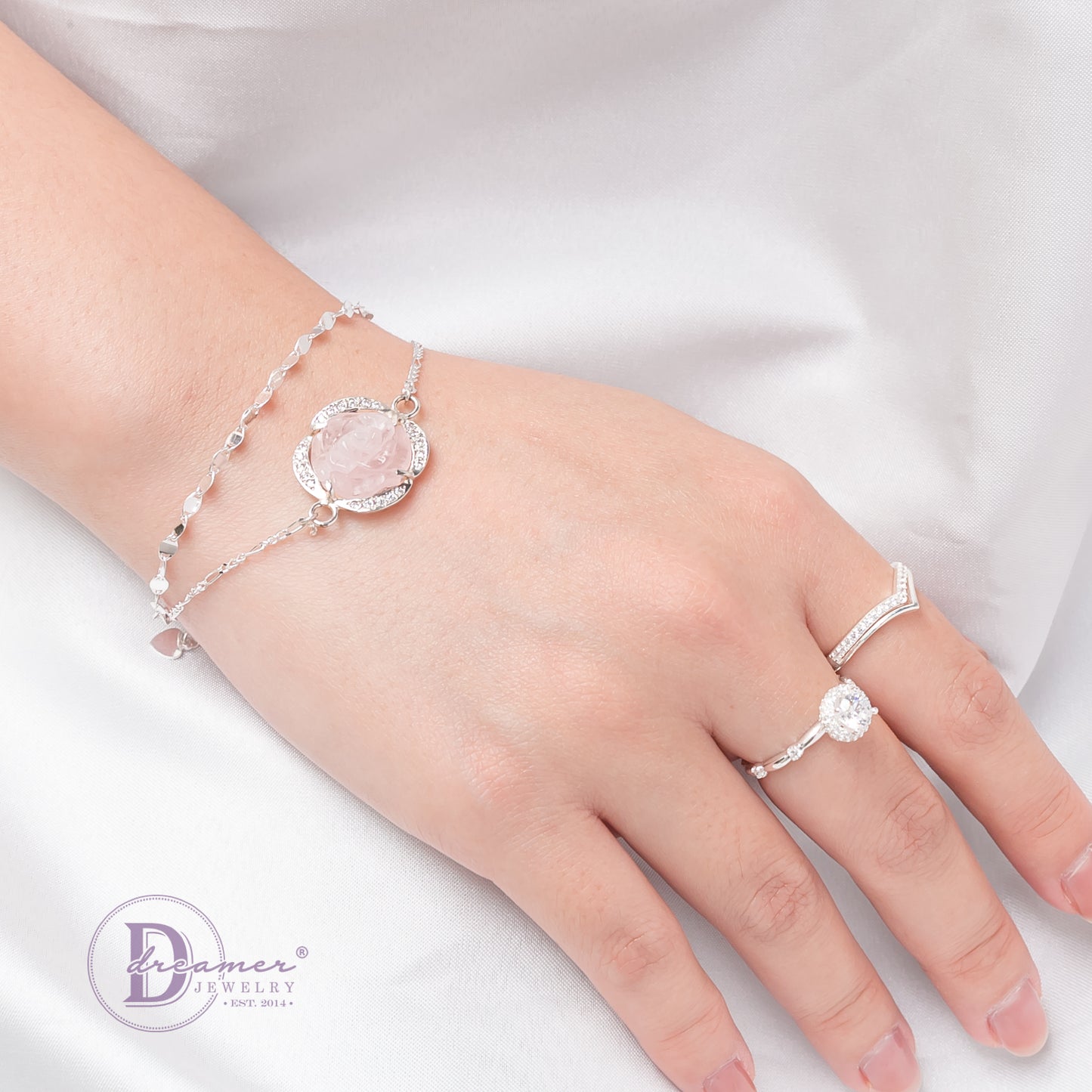 Lắc Tay Bạc 925 Đá Thạch Anh Hồng Chạm Kiểu Hoa Mẫu Đơn Viền Bạc Đính Đá - Rose Quartz Gemstone Sterling Silver Bracelet