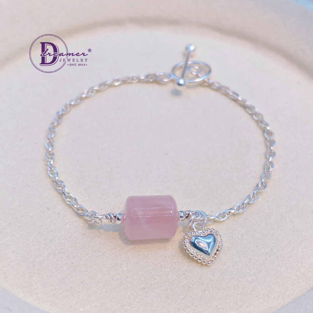 Rose Quartz 925 Silver Toggle Bracelet - Heart Charm