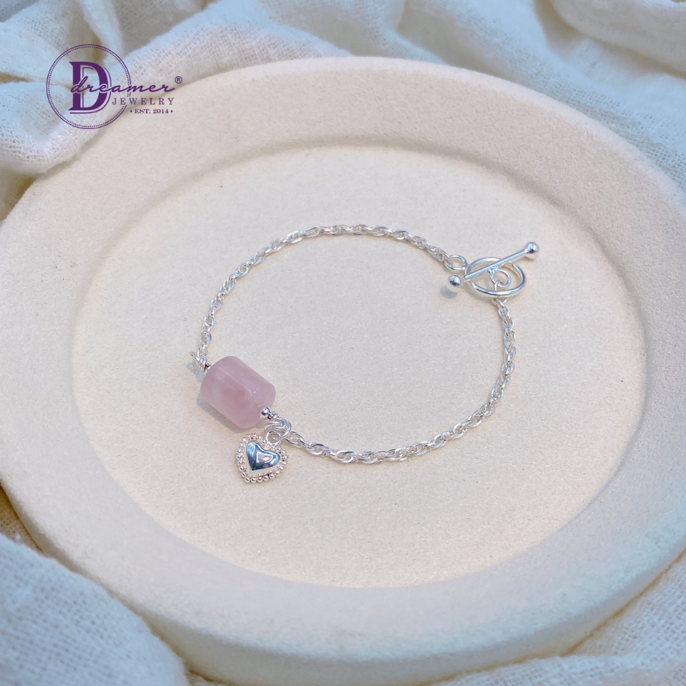 Rose Quartz 925 Silver Toggle Bracelet - Heart Charm