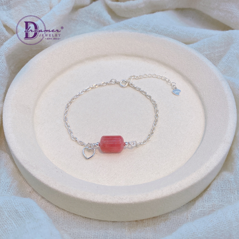 Natural Rhodochrosite Stone 925 Silver Bracelet - Heart Charm