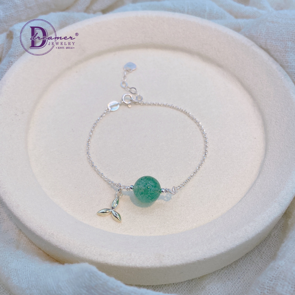 Natural Green Strawberry Quartz 925 Silver Chain Bracelet