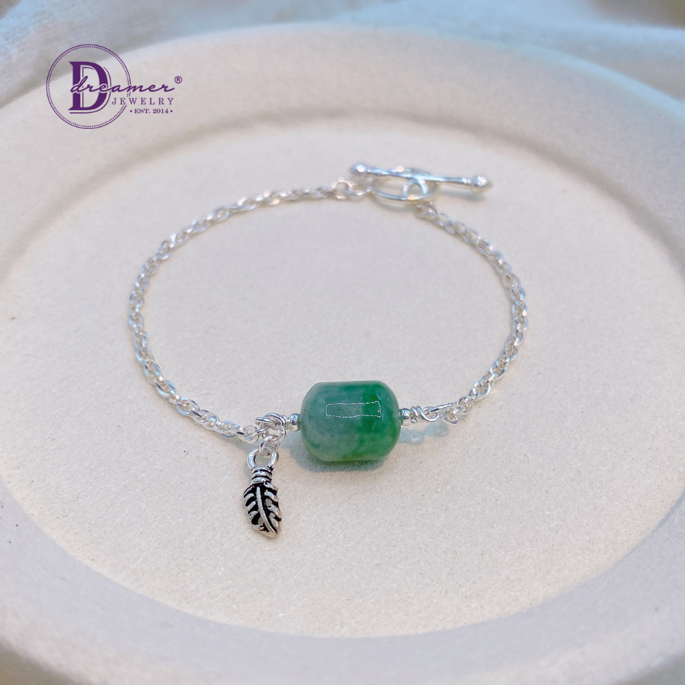 Natural Jadeite Lu Thong Barrel 925 Silver Toggle Bracelet