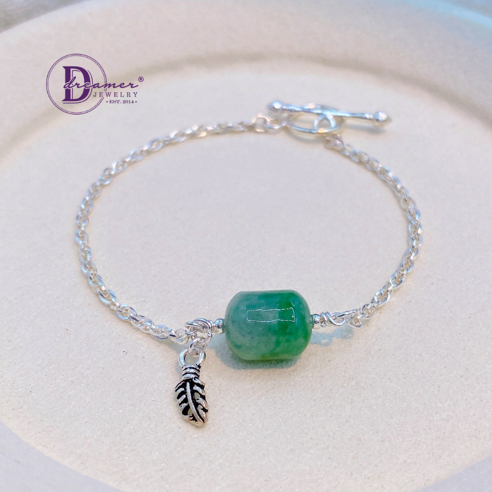 Natural Jadeite Lu Thong Barrel 925 Silver Toggle Bracelet