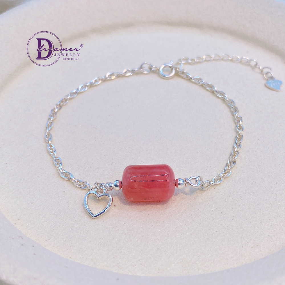 Natural Rhodochrosite Stone 925 Silver Bracelet - Heart Charm