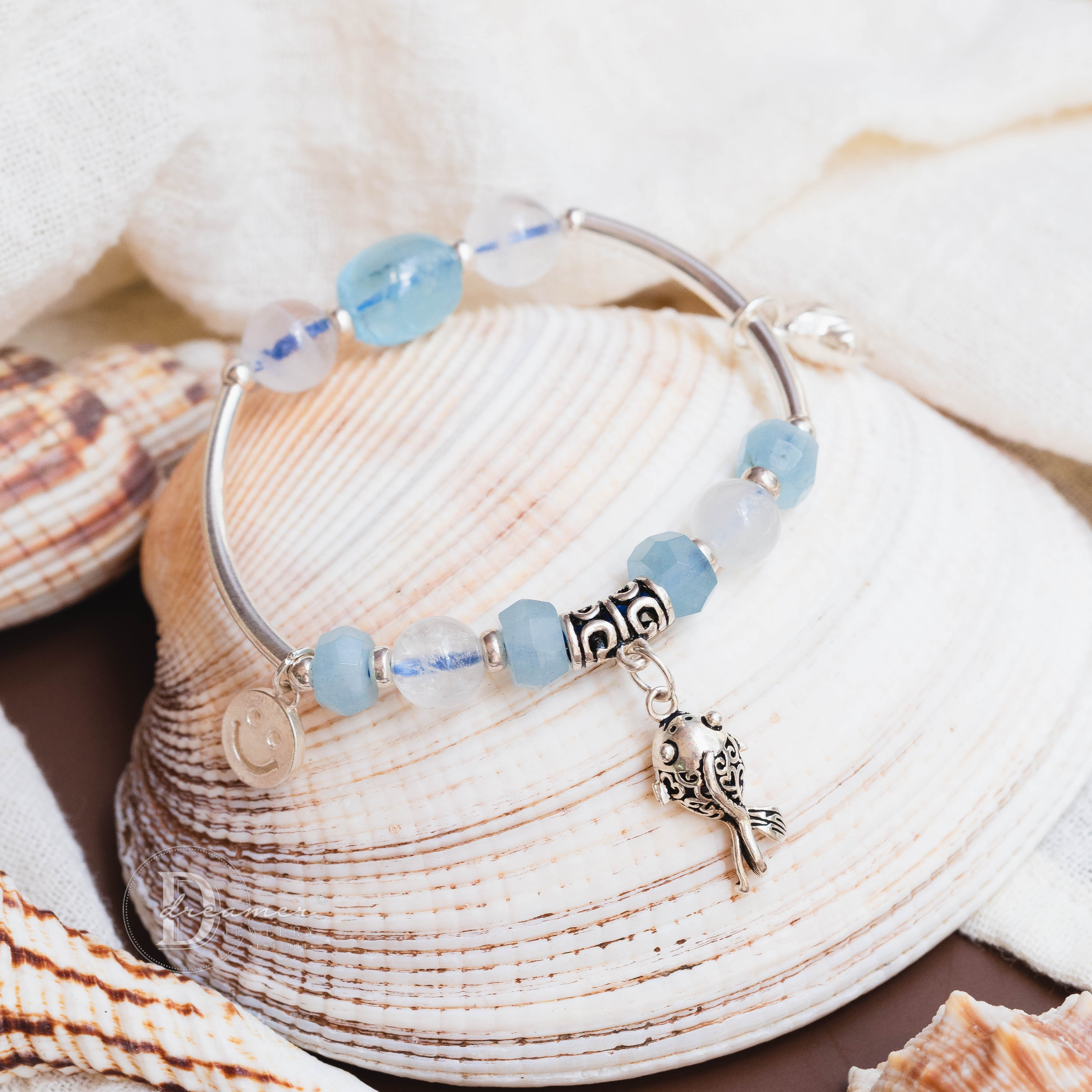 Aquamarine, Moonstone & Topaz Silver Bracelet – 925 Sterling Charm