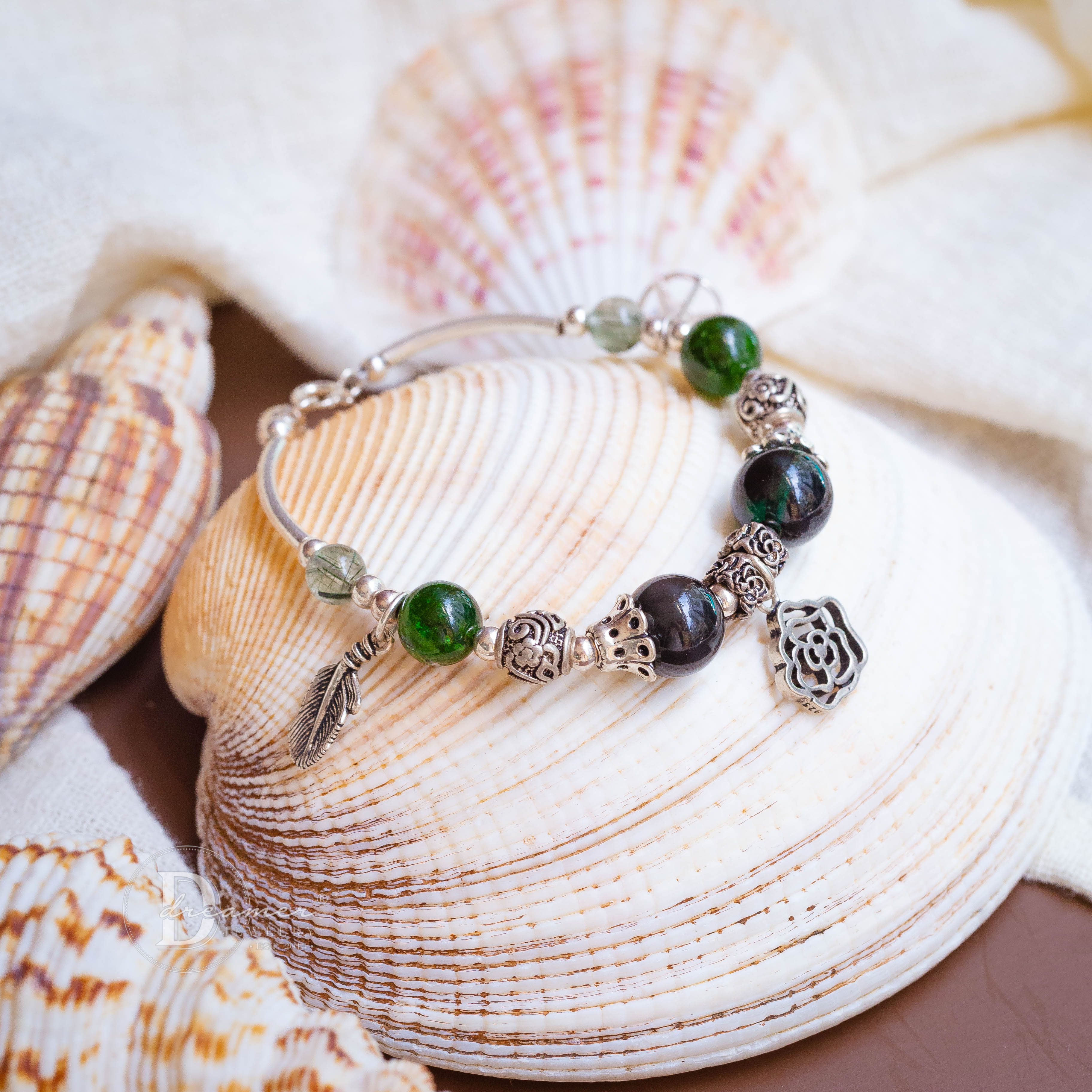 Diopside & Green Quartz Silver Charm Bracelet – Premium 925 Silver