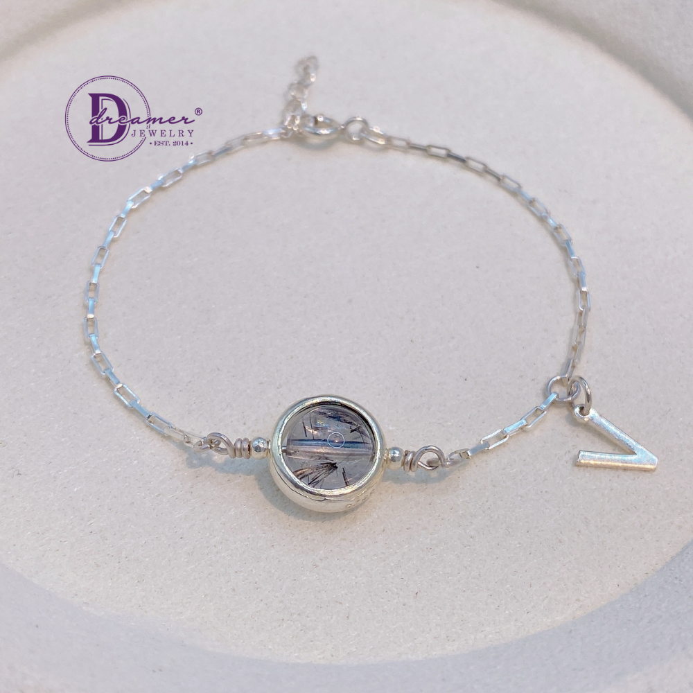 Personalized Black Rutilated Quartz Silver Bracelet – Alphabet Charm Option