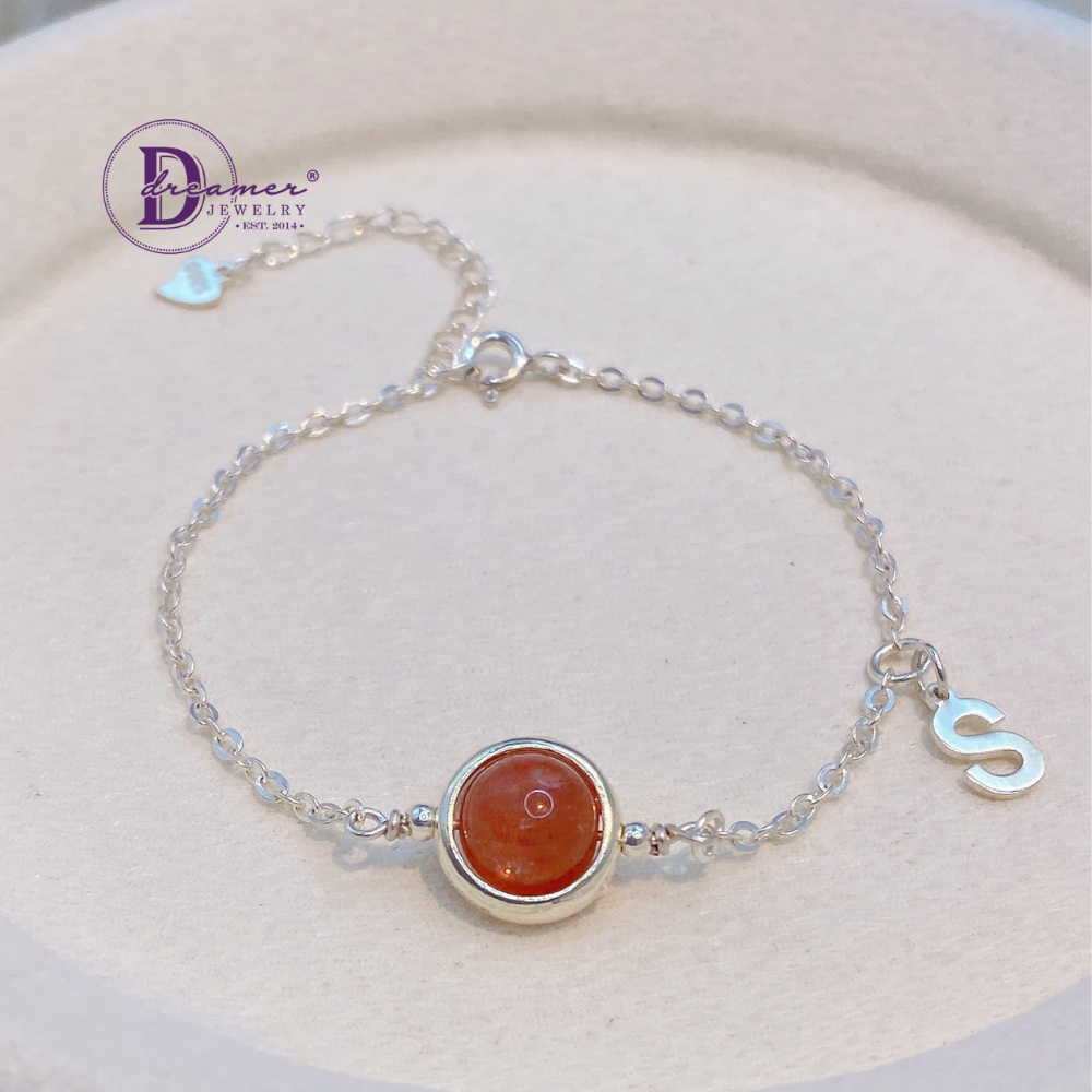 Lắc Tay Bạc 925 Đá Sunstone Tự Nhiên – Tùy Chọn Gắn Chữ Alphabet