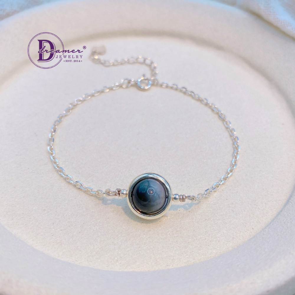 Personalized Black Tiger’s Eye Silver Chain Bracelet – Alphabet Option