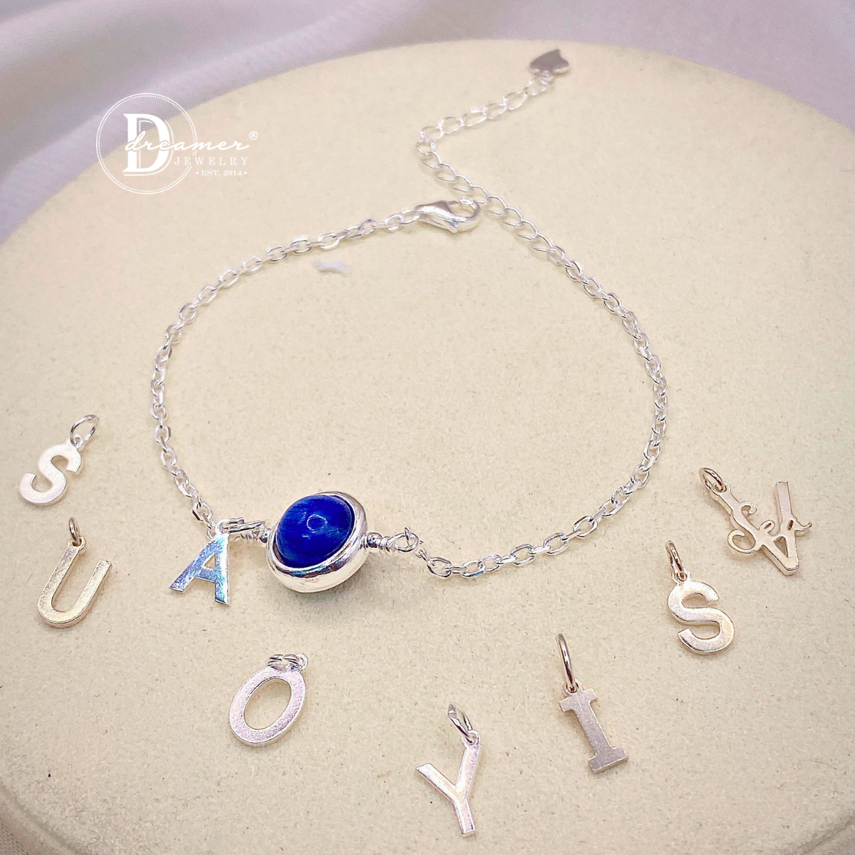 Lắc Tay Bạc 925 Đá Kyanite Tự Nhiên – Tùy Chọn Gắn Chữ Alphabet