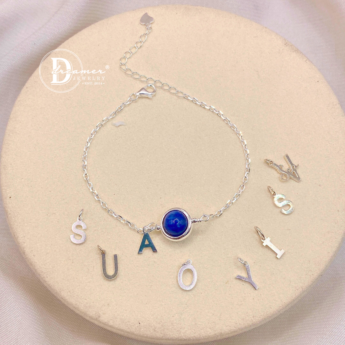 Lắc Tay Bạc 925 Đá Kyanite Tự Nhiên – Tùy Chọn Gắn Chữ Alphabet