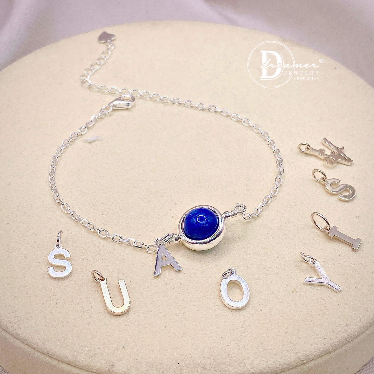 Lắc Tay Bạc 925 Đá Kyanite Tự Nhiên – Tùy Chọn Gắn Chữ Alphabet