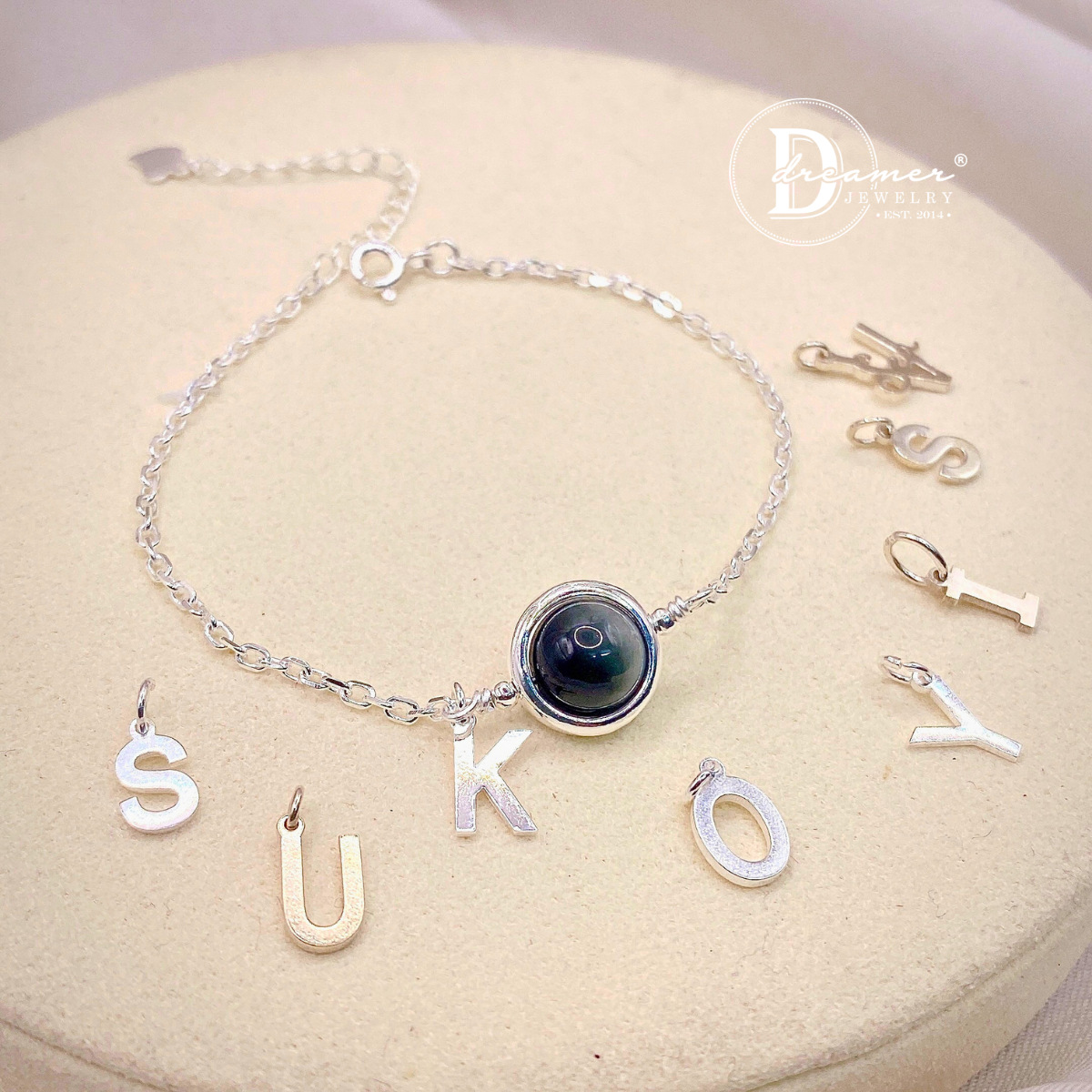 Personalized Black Tiger’s Eye Silver Chain Bracelet – Alphabet Option