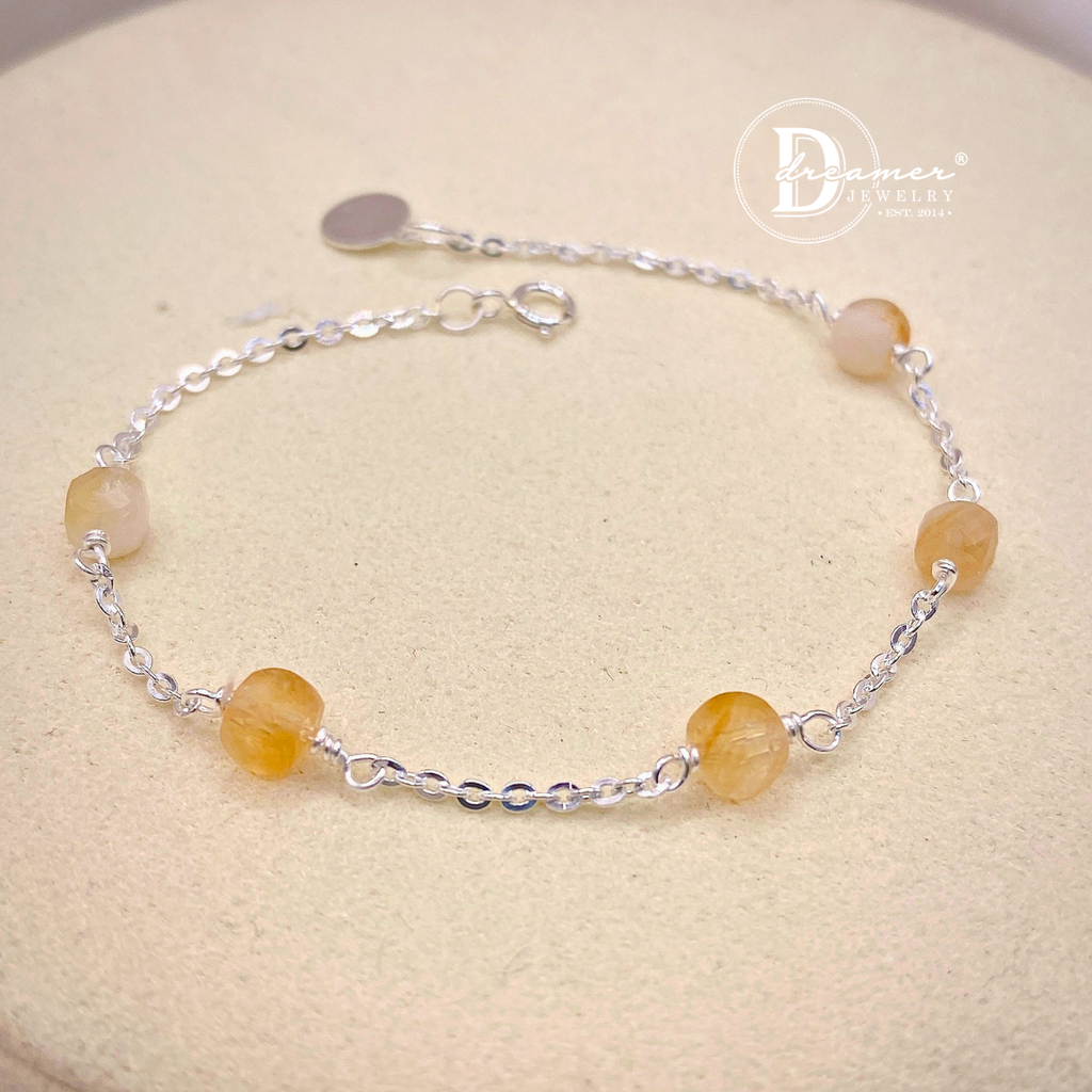Lắc Tay Bạc 925 Phối Đá Thạch Anh Vàng Thô (Raw Citrine) Tự Nhiên