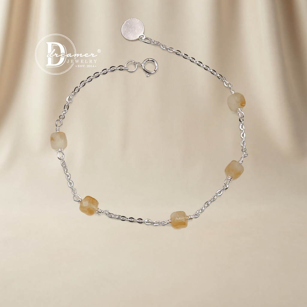 Lắc Tay Bạc 925 Phối Đá Thạch Anh Vàng Thô (Raw Citrine) Tự Nhiên