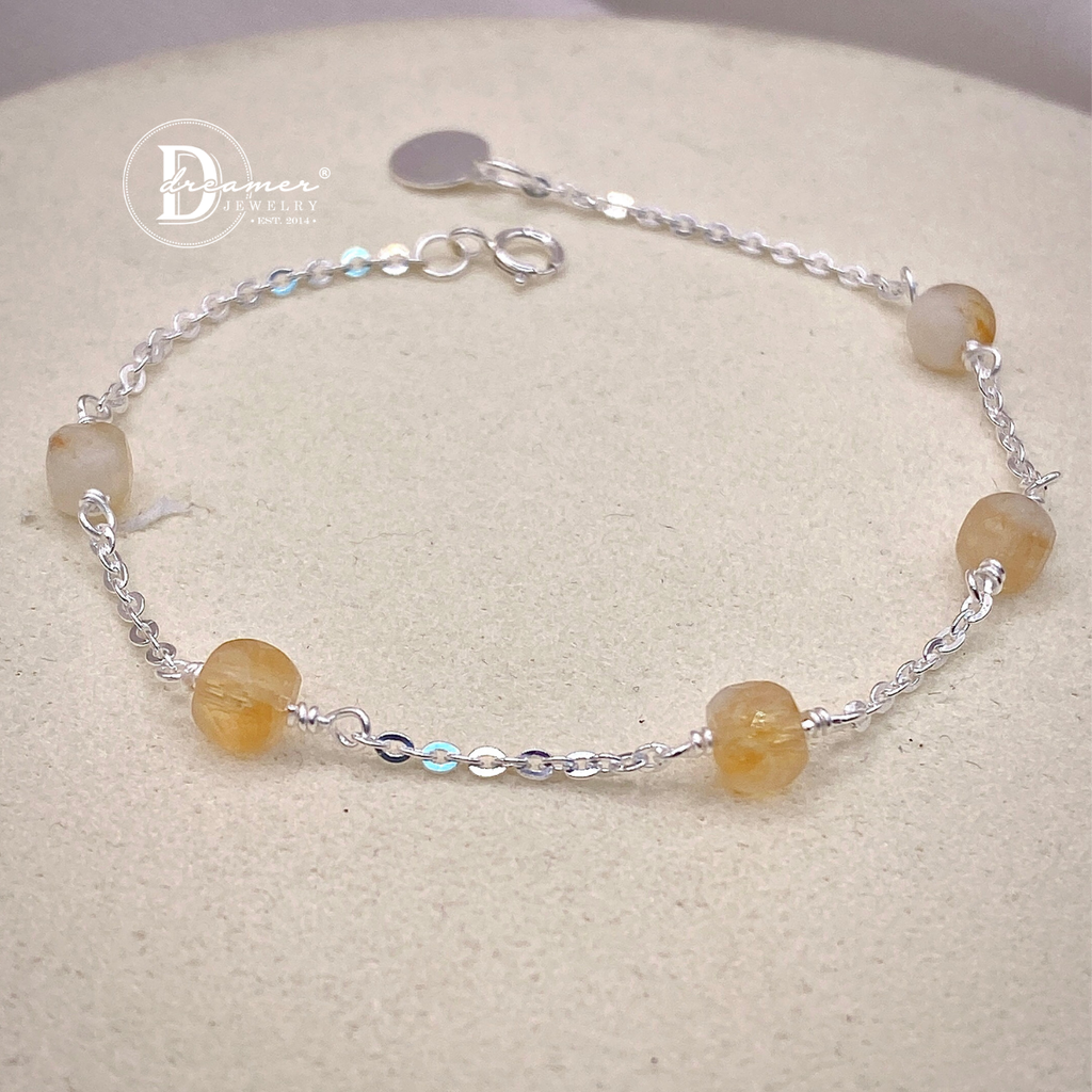 Lắc Tay Bạc 925 Phối Đá Thạch Anh Vàng Thô (Raw Citrine) Tự Nhiên