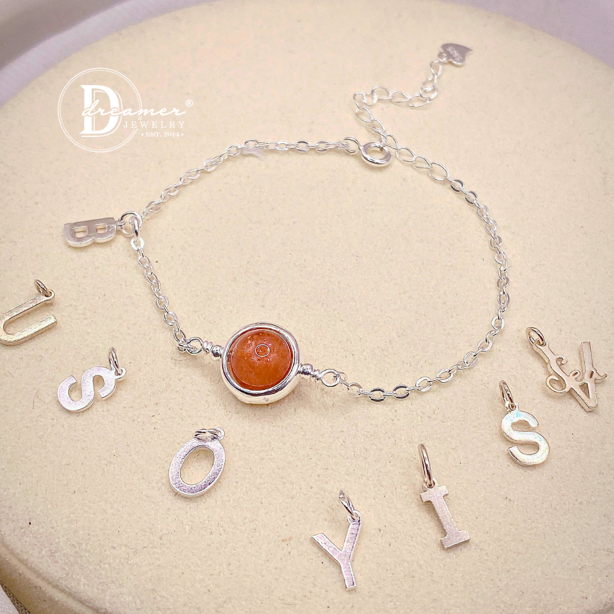 Personalized Sunstone Silver Chain Bracelet – Alphabet Charm Option