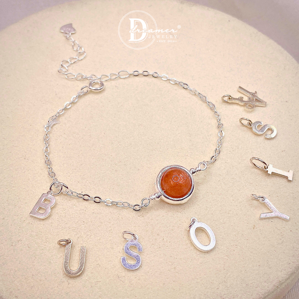 Personalized Sunstone Silver Chain Bracelet – Alphabet Charm Option