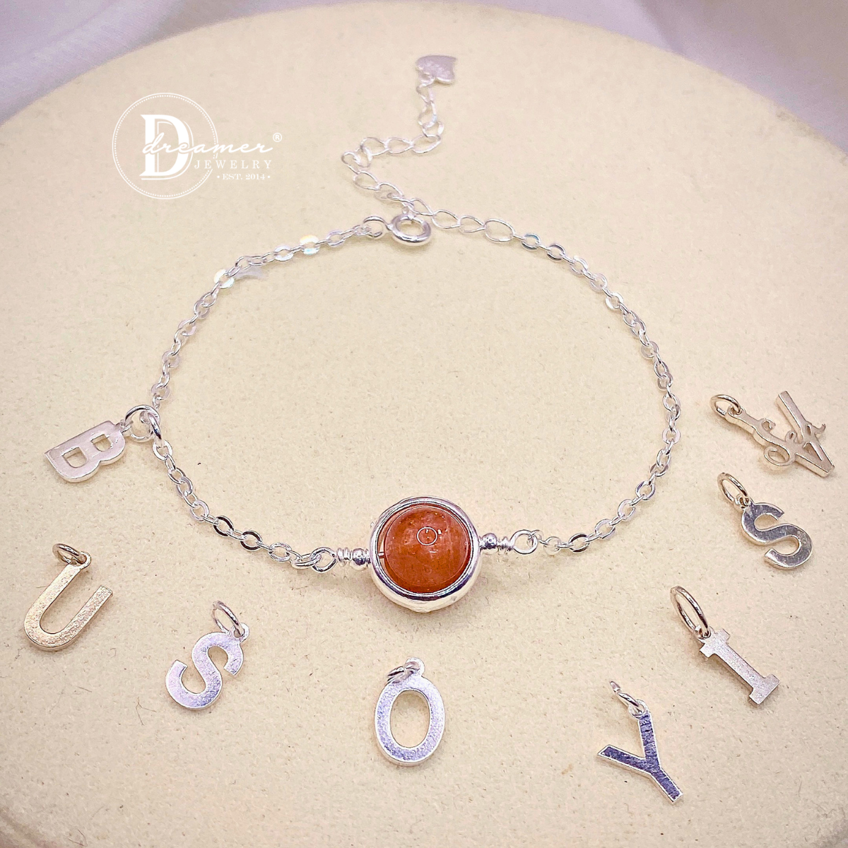 Personalized Sunstone Silver Chain Bracelet – Alphabet Charm Option