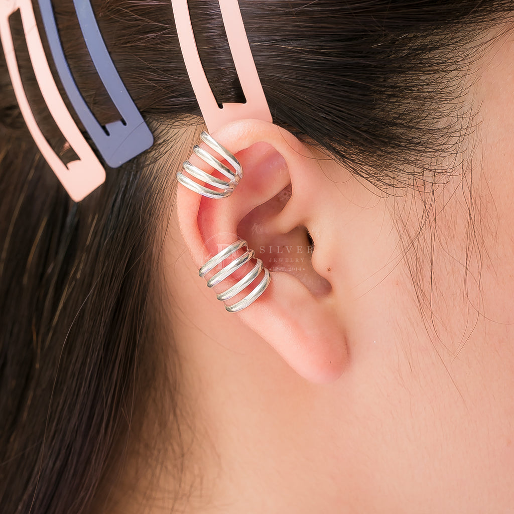Unisex 4 Silver Lines Band Ear Cuff In Silver