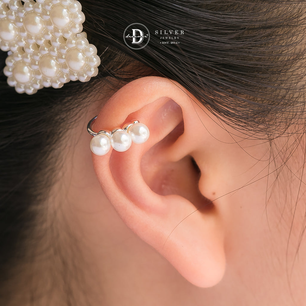 Elegant Pearl Line Ear Cuff in Silver
