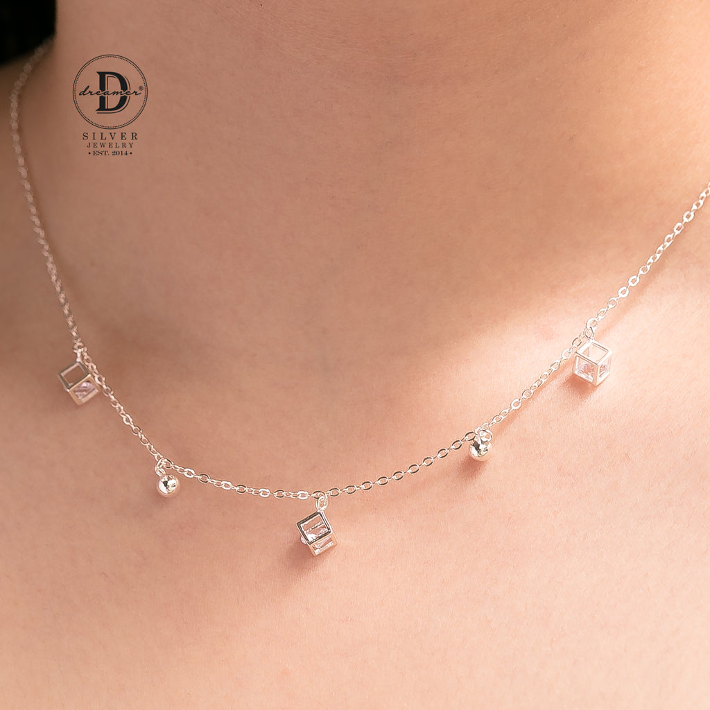 Dây Chuyền Charm Cube Đá Trắng & Bi Bạc Nữ Tính Bạc 925 - Sterling Silver Necklace - 091DCH
