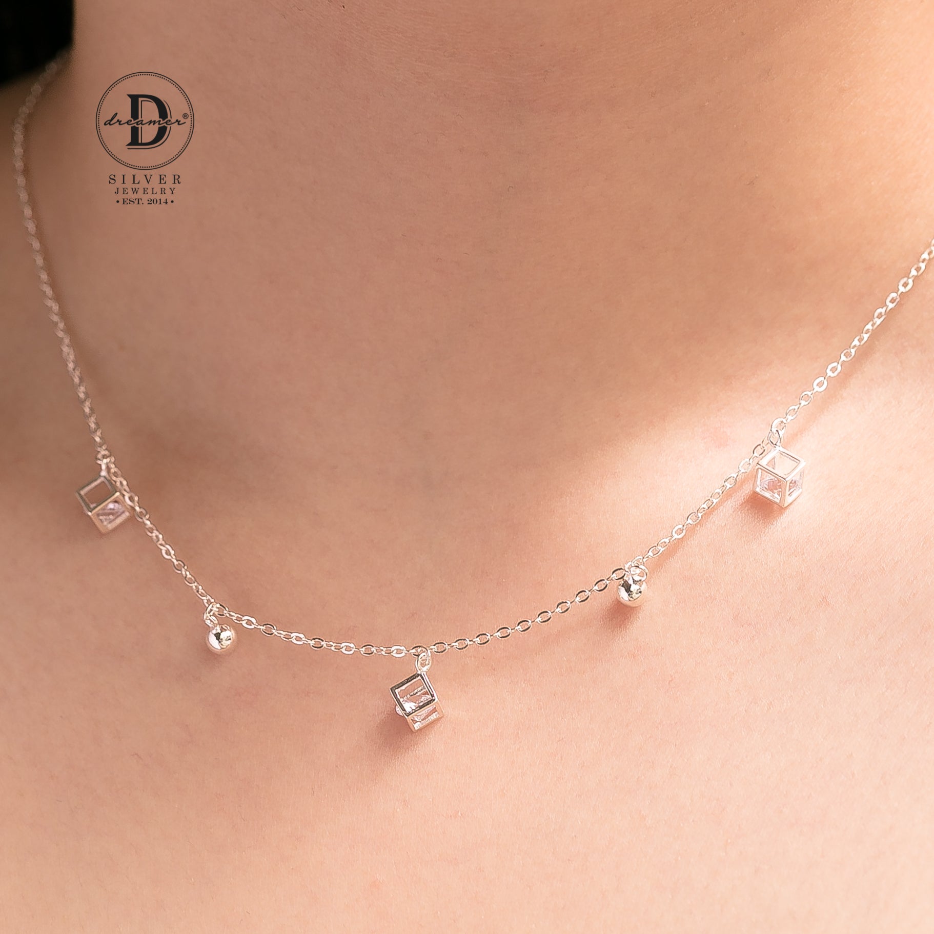 Dây Chuyền Charm Cube Đá Trắng & Bi Bạc Nữ Tính Bạc 925 - Sterling Silver Necklace - 091DCH