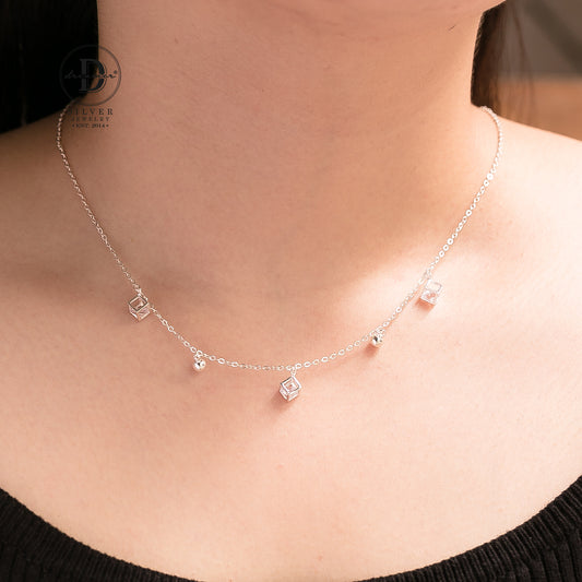 Dây Chuyền Charm Cube Đá Trắng & Bi Bạc Nữ Tính Bạc 925 - Sterling Silver Necklace