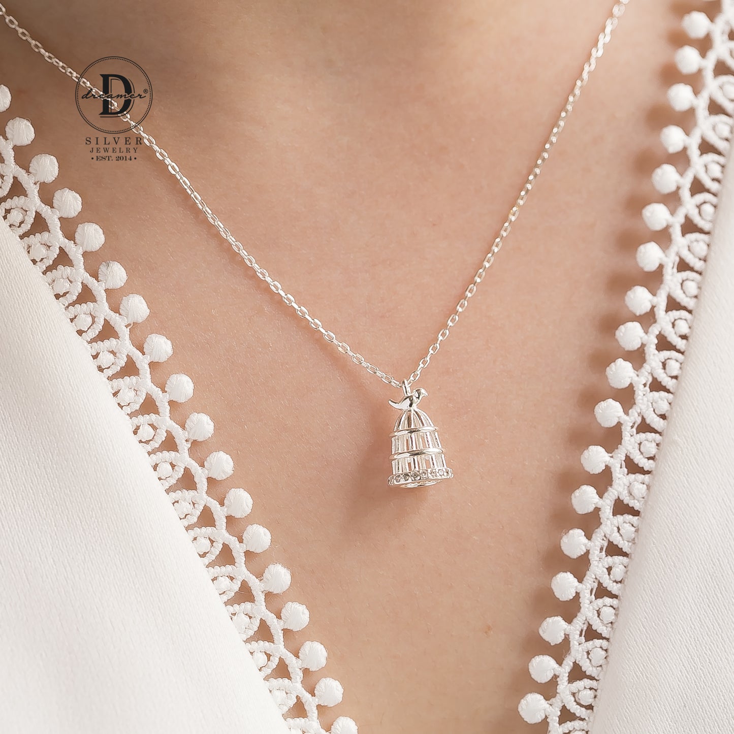 Dây Chuyền Lồng Chim Đính Đá Bạc 925 - Bird Cage Sterling Silver Necklace 722DCH