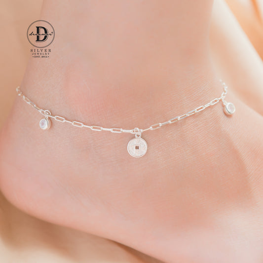 Lắc Chân 3 Lucky Coins & 2 White Stones - 3 Đồng Xu May Mắn Silver Anklet