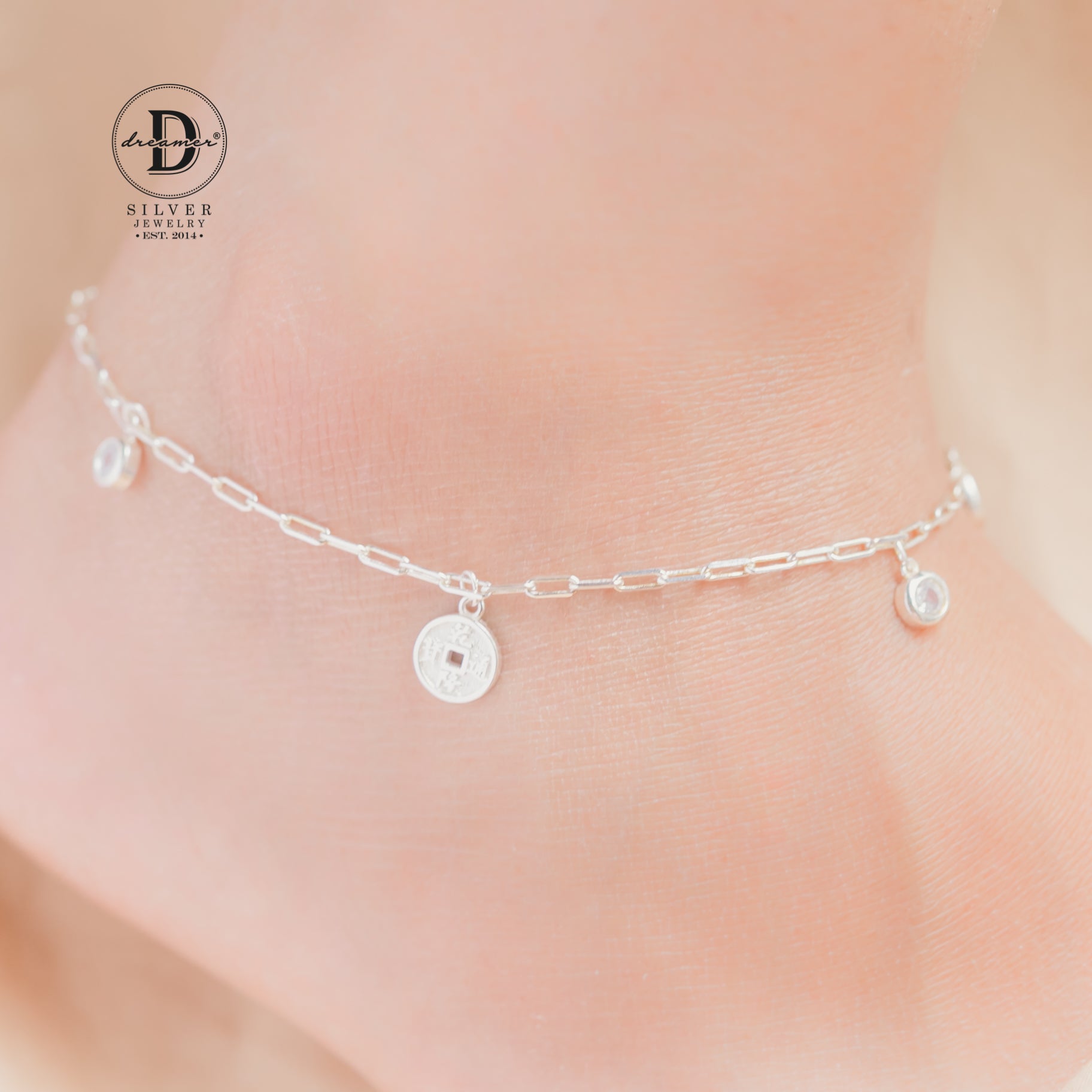 Lắc Chân 3 Lucky Coins & 2 White Stones - 3 Đồng Xu May Mắn Silver Anklet - 507LCH