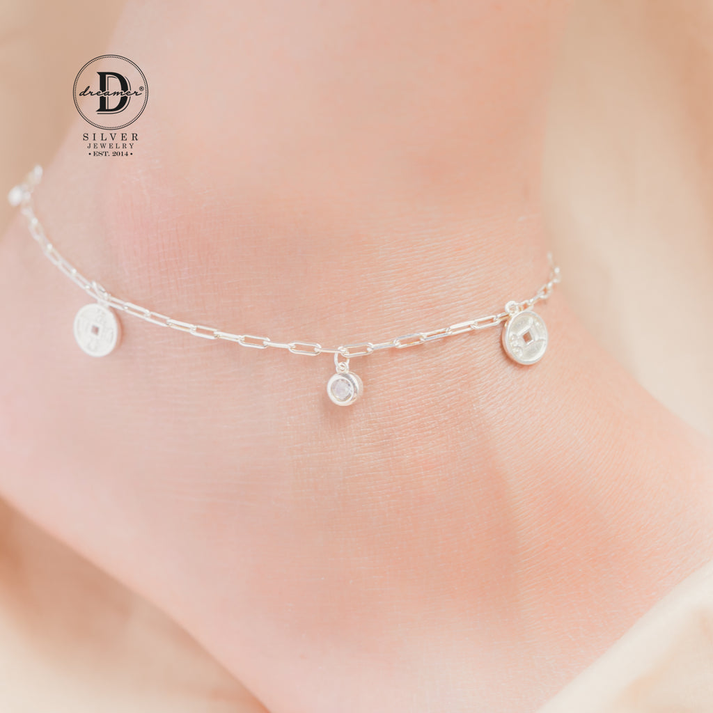 Lắc Chân 3 Lucky Coins & 2 White Stones - 3 Đồng Xu May Mắn Silver Anklet - 507LCH