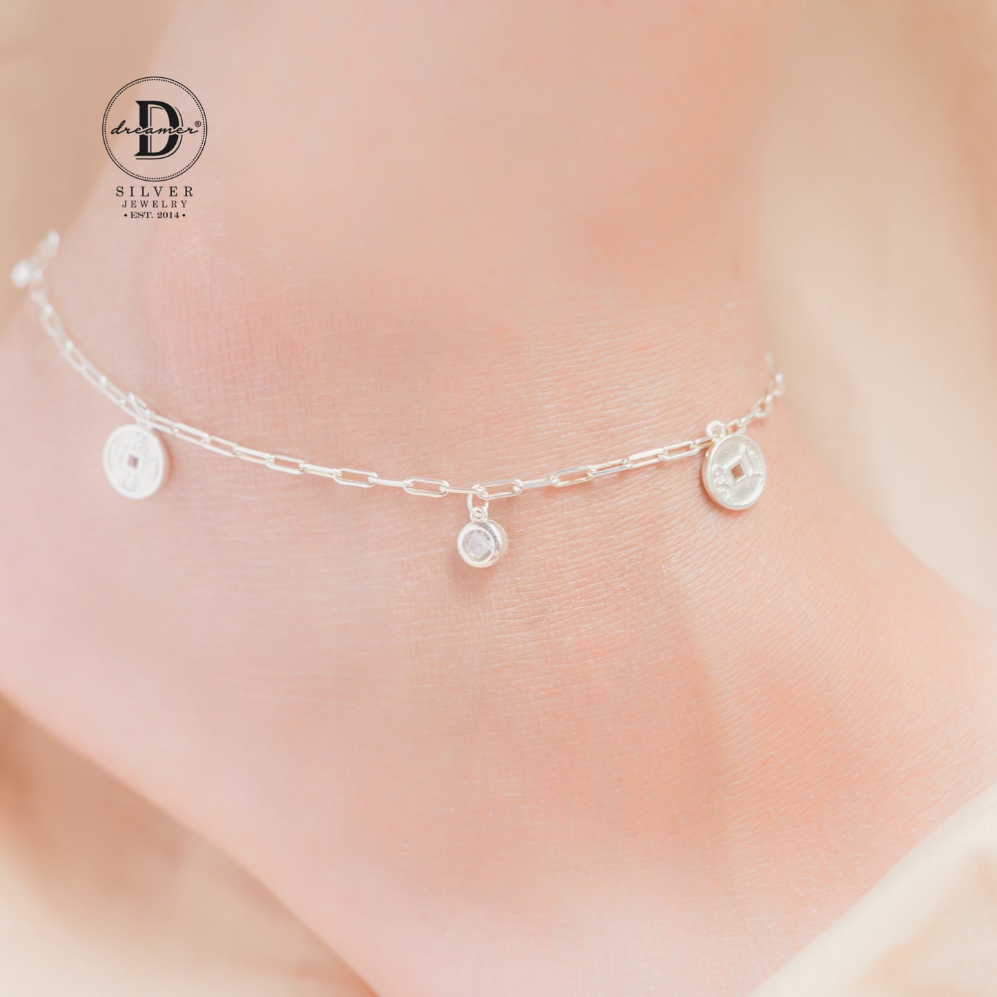 Lắc Chân 3 Lucky Coins & 2 White Stones - 3 Đồng Xu May Mắn Silver Anklet