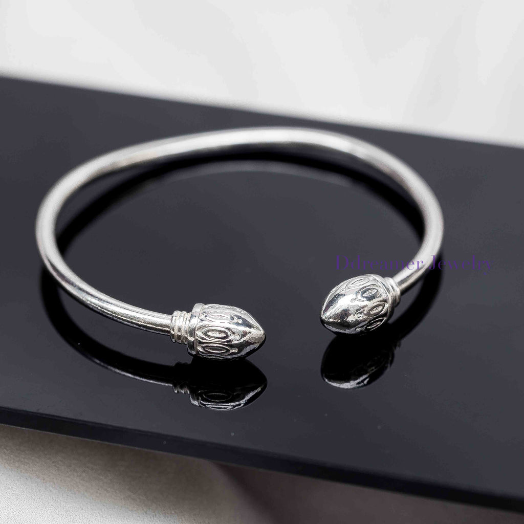 Large Lotus Bud Silver Bangle – Customizable Charm Clasp 925 Silver