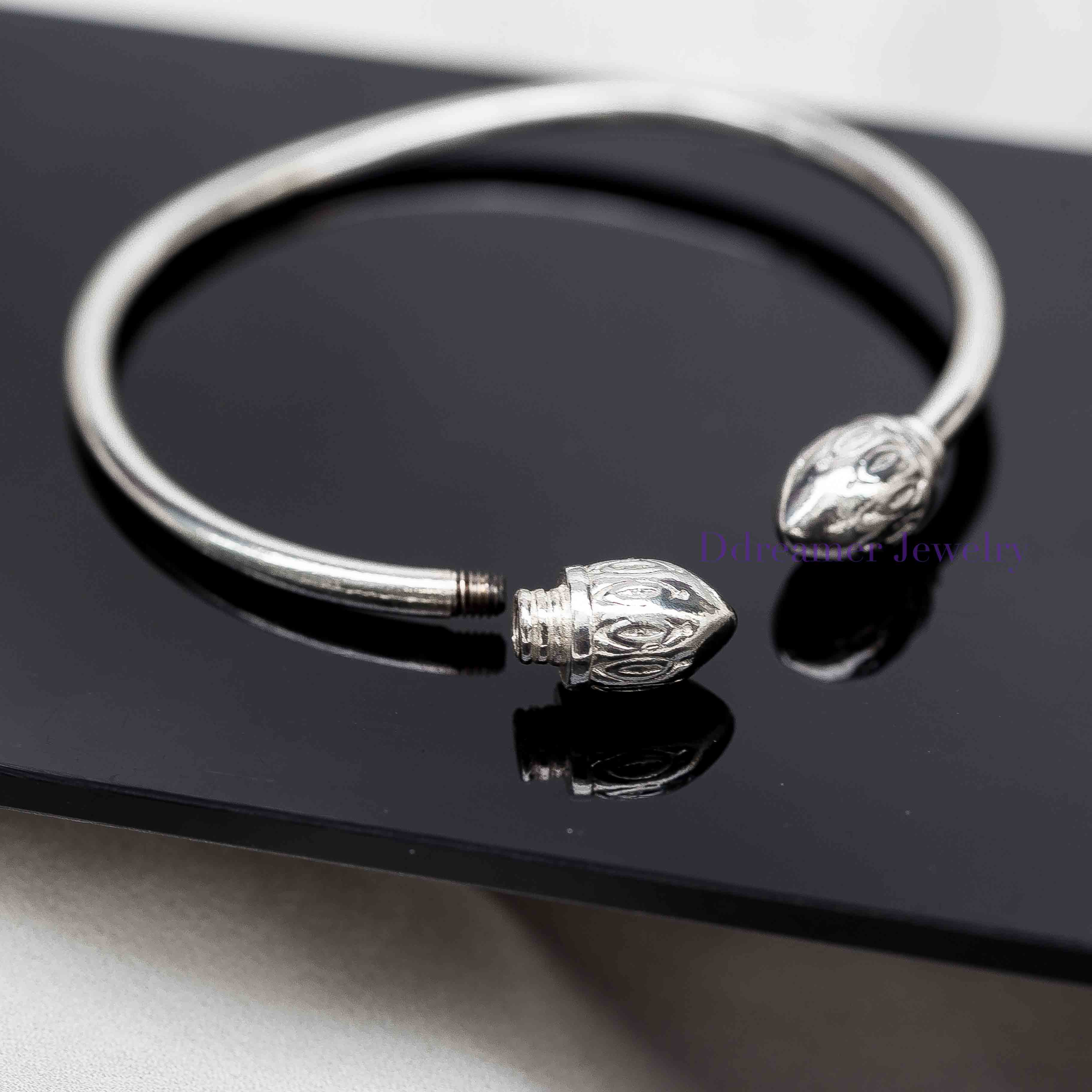 Large Lotus Bud Silver Bangle – Customizable Charm Clasp 925 Silver