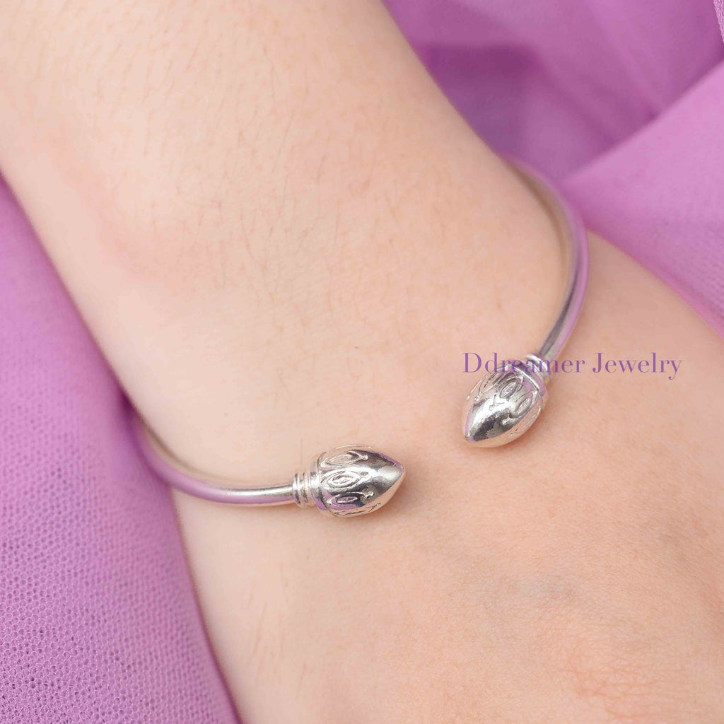 Large Lotus Bud Silver Bangle – Customizable Charm Clasp 925 Silver