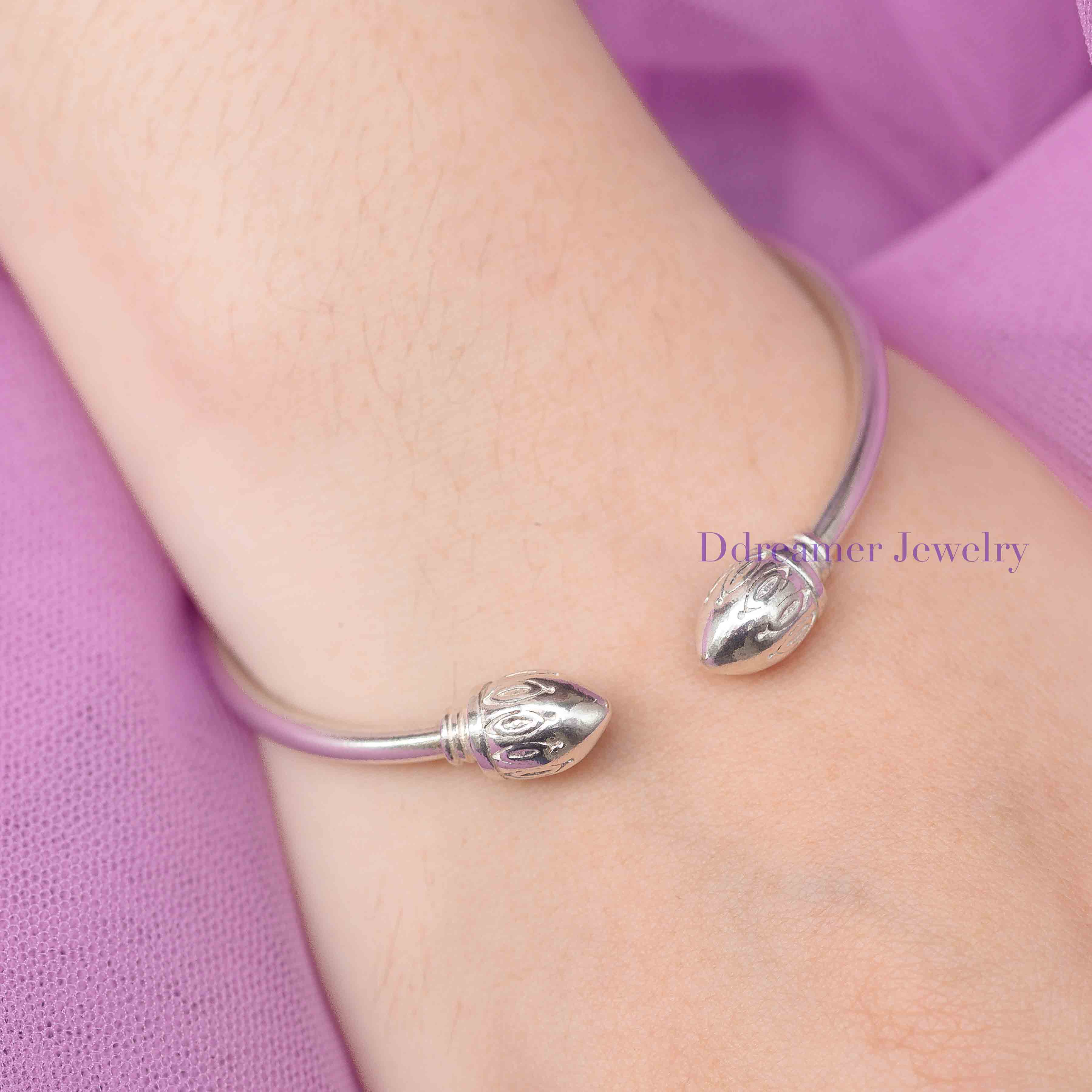 Large Lotus Bud Silver Bangle – Customizable Charm Clasp 925 Silver