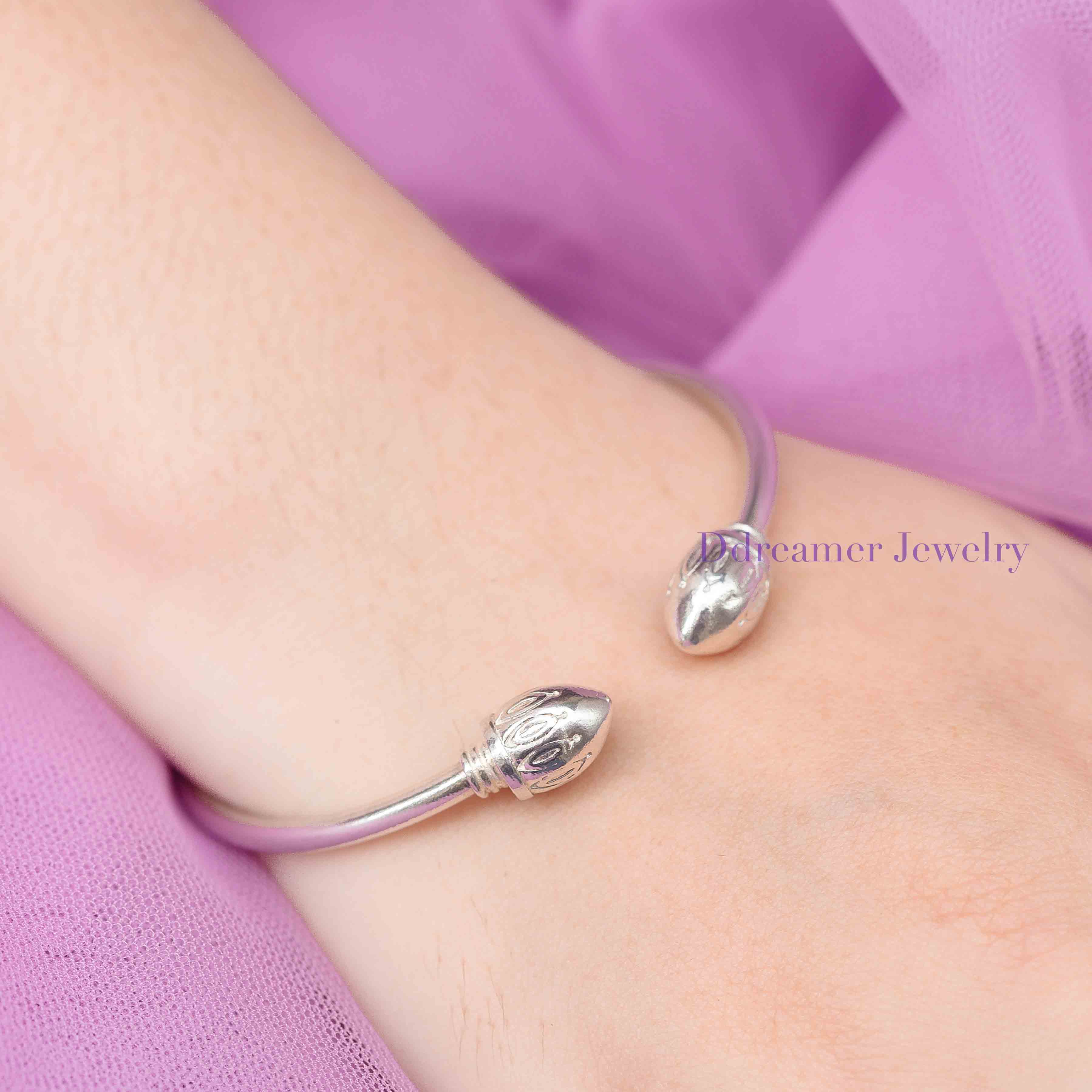 Large Lotus Bud Silver Bangle – Customizable Charm Clasp 925 Silver