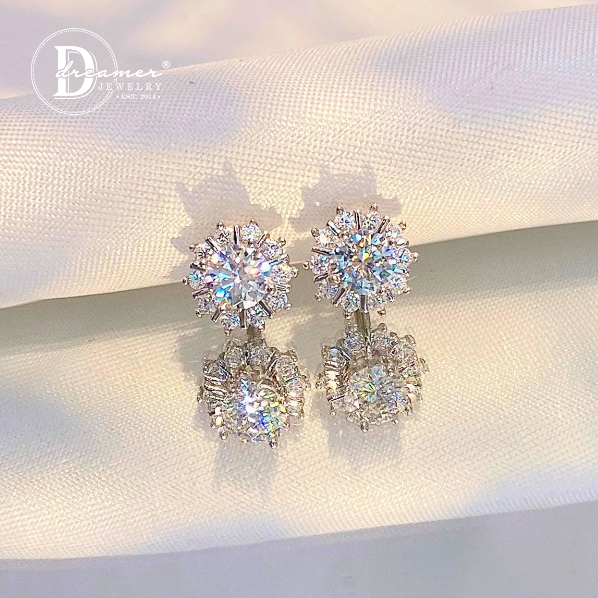 Sunburst Halo Moissanite Stud Earrings – White Gold Plated 925 Silver